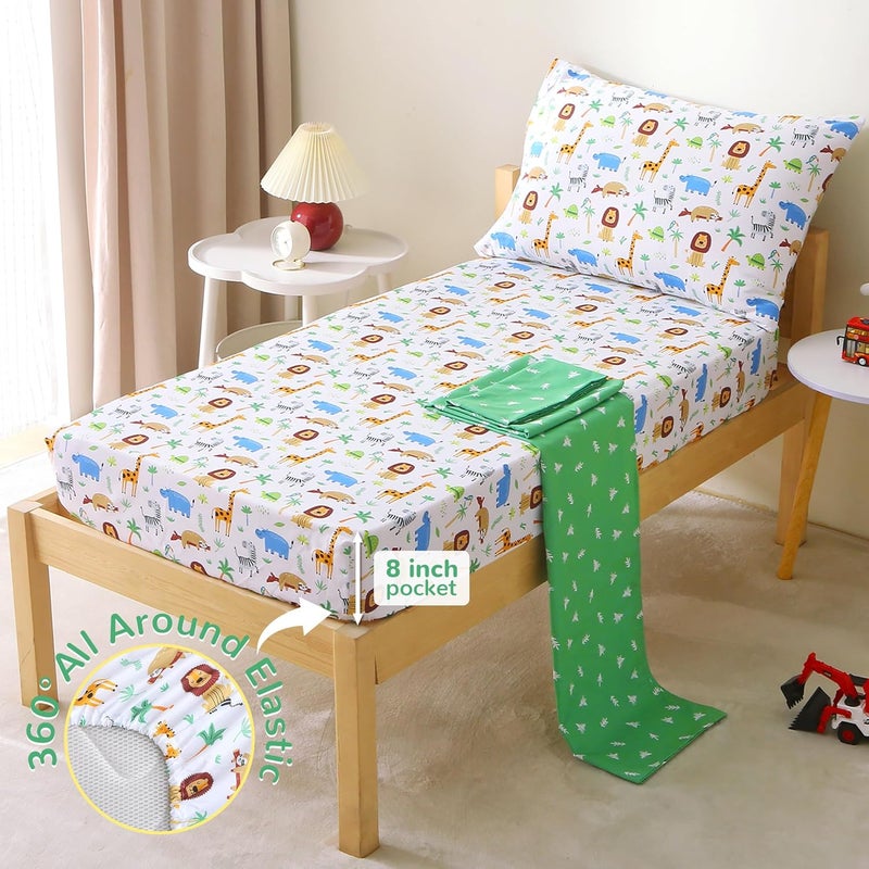 Mooreeke 4 Pieces Toddler Bedding Set - Forest Animal Toddler Comforter Sets for Girls Boys, Includes Comforter, Flat Sheet, Fitted Sheet and Pillowcase, Bed in A Bag for Baby Bedroom - Image 4
